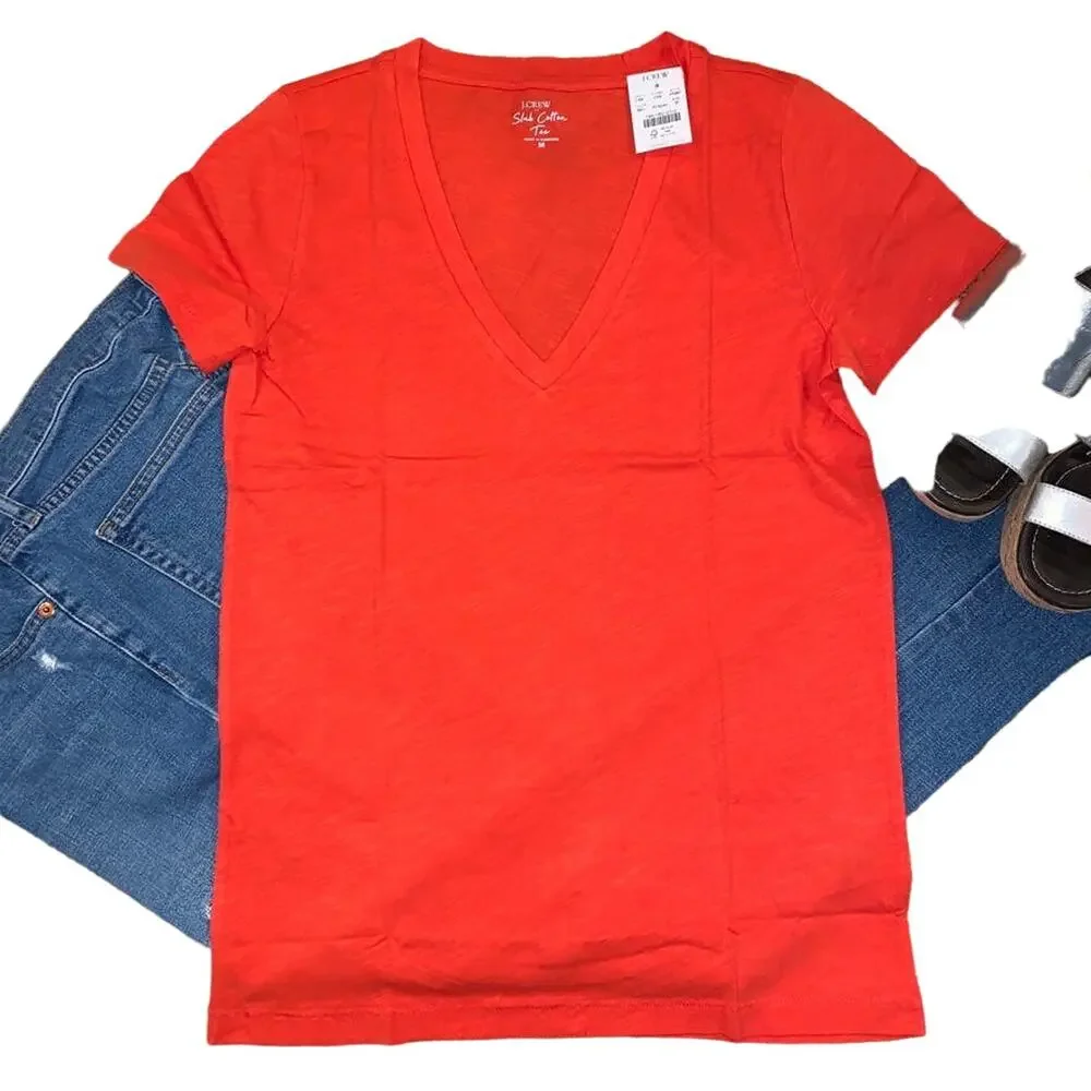 NWT J. Crew Brilliant Sunset Red Vintage Cotton V-Neck Tee - SIZE SMALL
